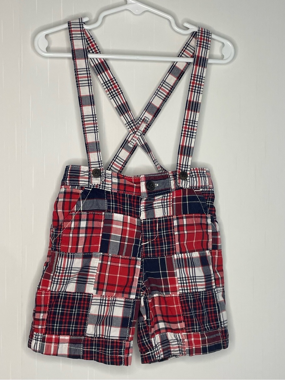 Gymboree Patchwork Madras Plaid Suspender Shorts Red White Blue 18-24 Months